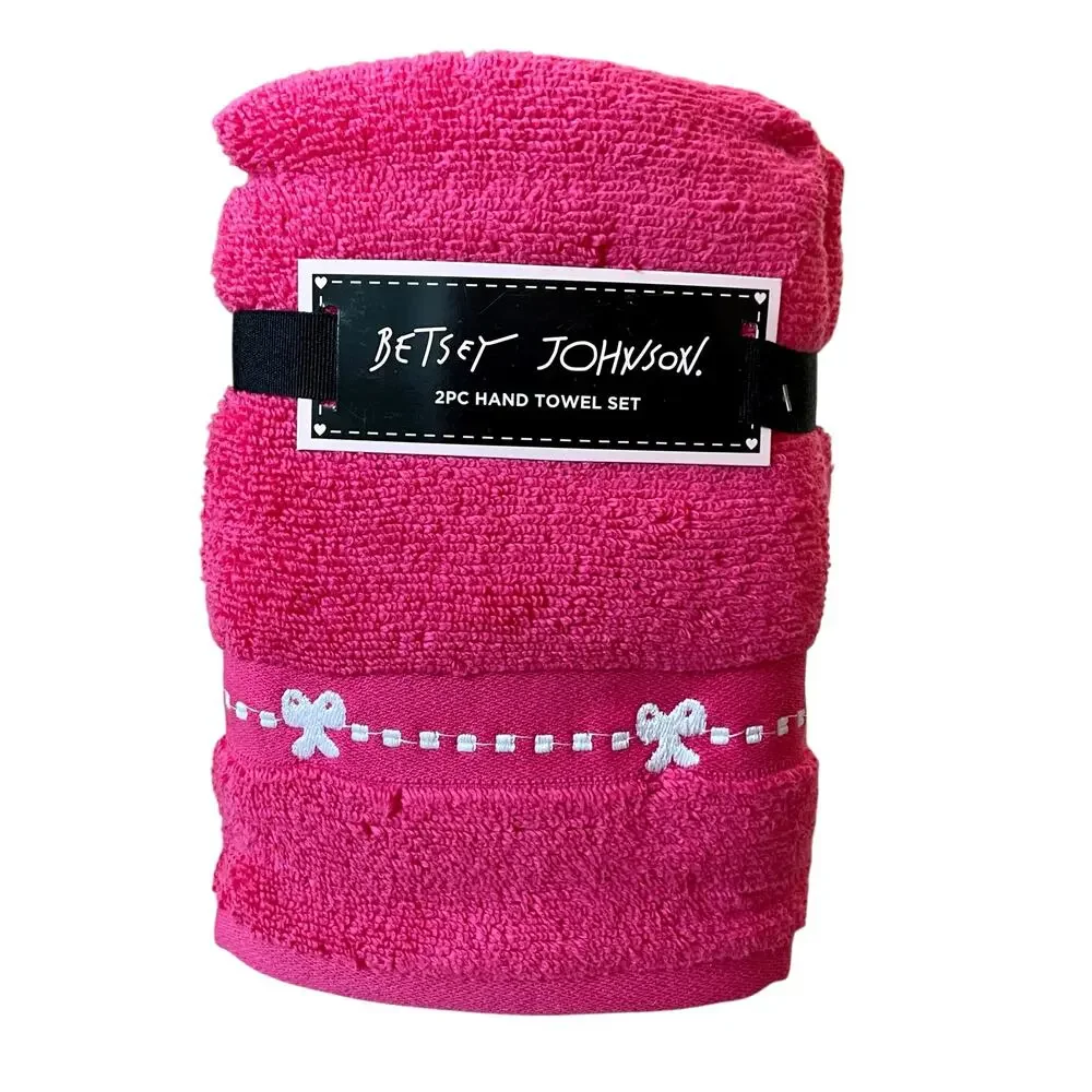 2pc Betsey Johnson Hand Towels 16x26 Hot Pink White Coquette Bow 100% Cotton New